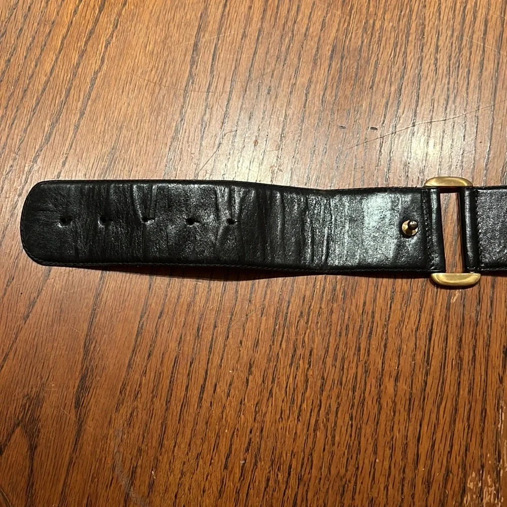 Omega Black Leather Belt With Large Gold Buckle Size M